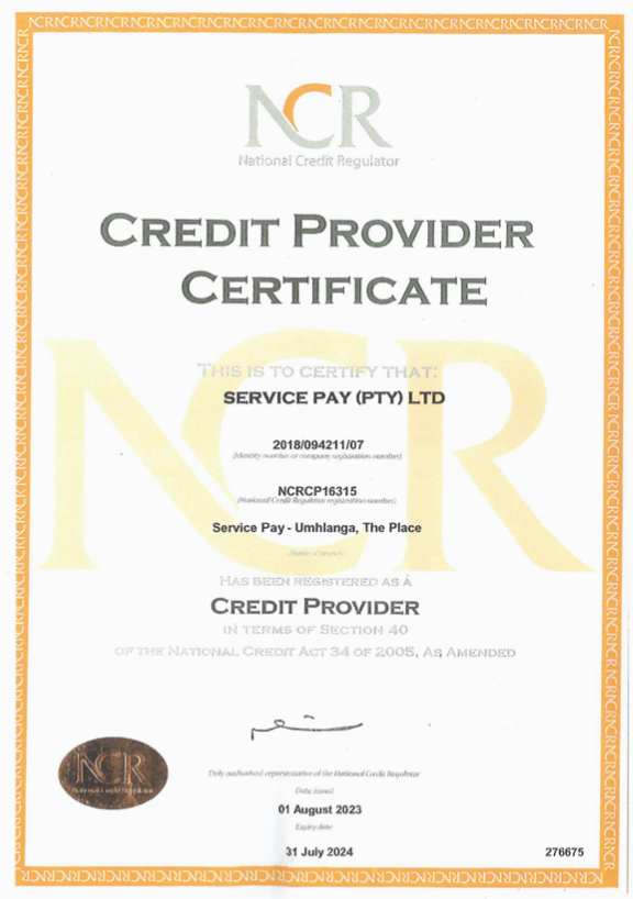 NCR Certificate - ServicePay